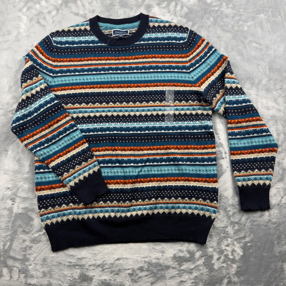 Club Room Mens Fair Isle Crewneck Sweater Navy Blue Orange Multi Color Large